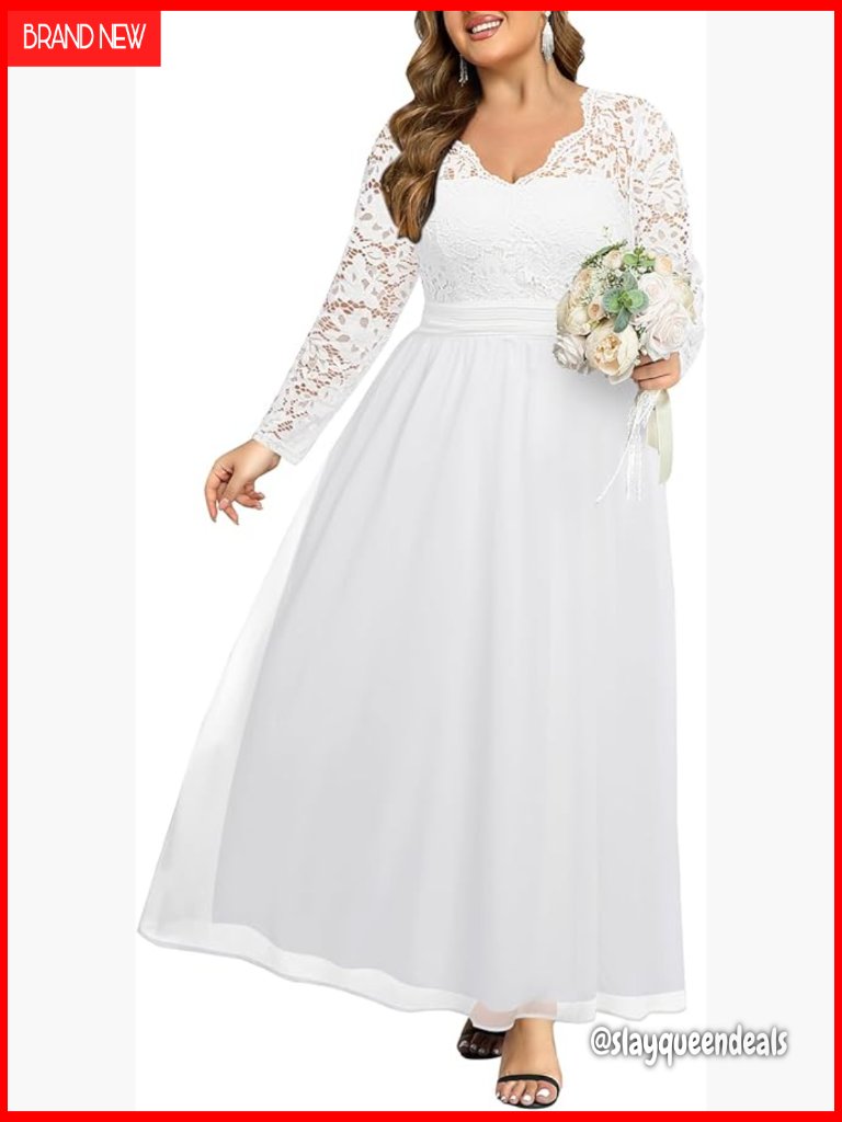 Plus Size V-Neck Lace Chiffon Maxi Dress Long Sleeve Formal Wedding Gown